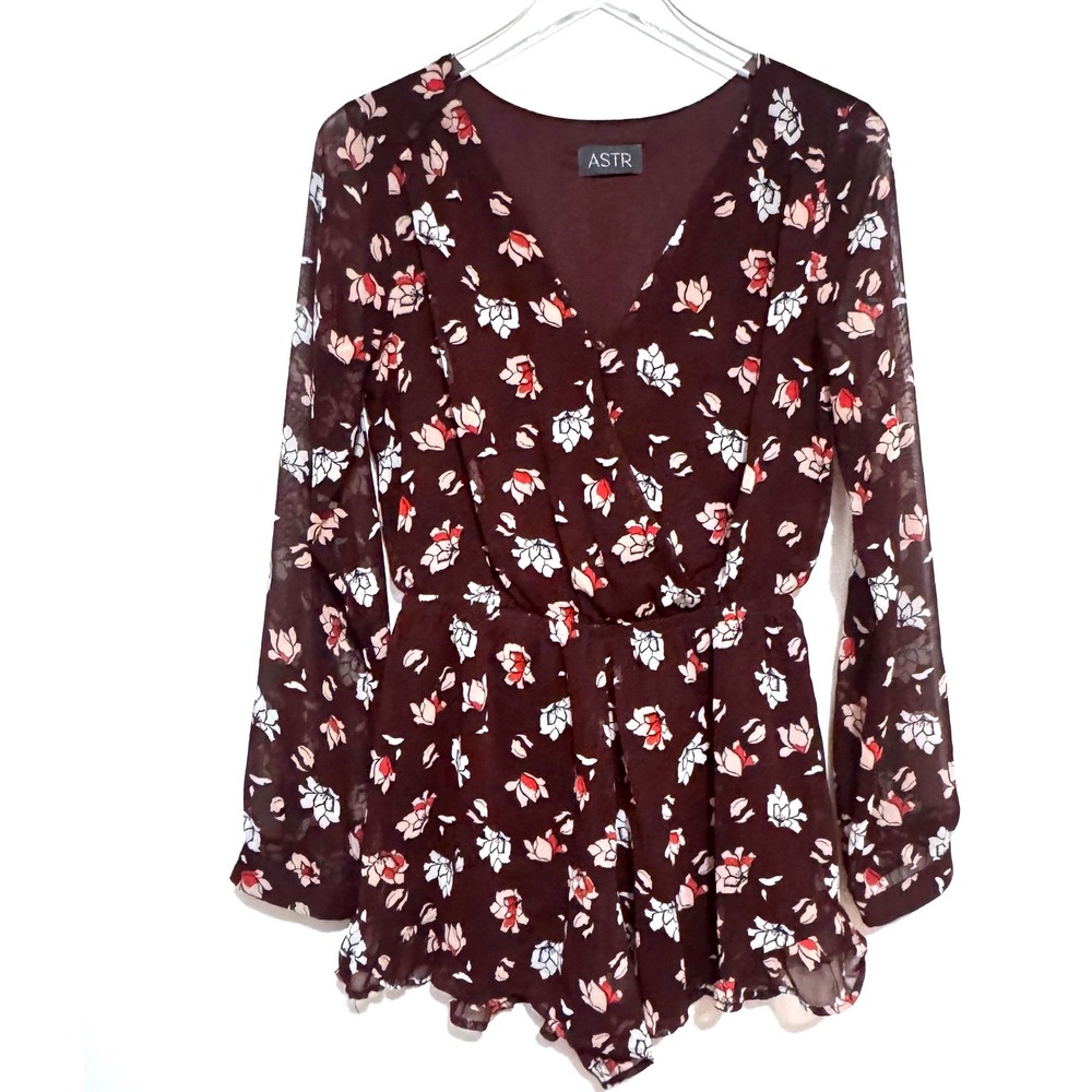 ASTR the Label Burgundy Long Sleeve Floral V-Neck Wrap Romper